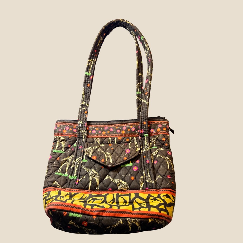 Vera Bradley Safari Giraffe Quilted Cotton Tote Bag Brown Floral Animal Print
